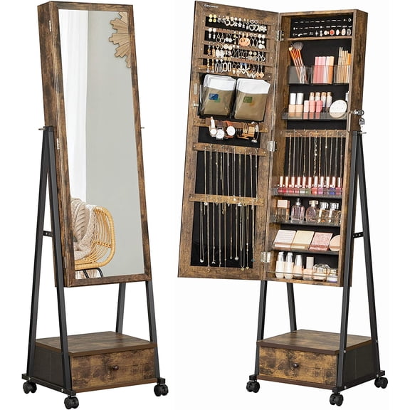 Jewelry Cabinet Floor Type Lockable Jewelry Storage Box with High Full-Length Mirror Bottom Drawer Shelves, Wheels Black Tube   Brown Plate