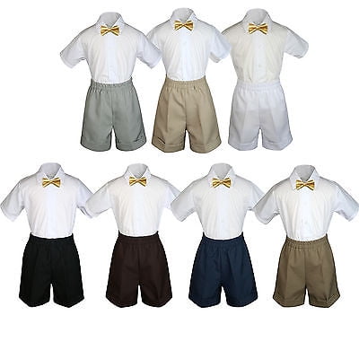 

3pc Set Boy Toddler Formal Party Mustard BowTie White Black Khaki Shorts S-4T