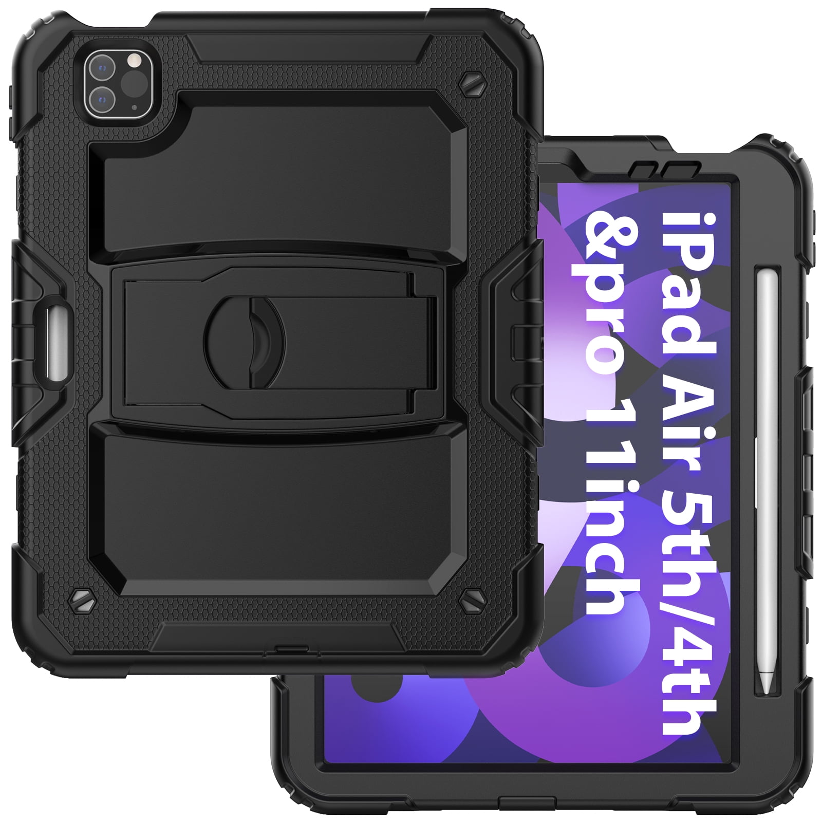 Allytech Shockproof Case for Apple iPad Pro 12.9 Inch 2022/2021/2020/2018(6th/5th/4th/3rd Gen) with Pencil Holder, Rugged Kickstand Shoulder Strap Kids Case with Screen Protector,Black