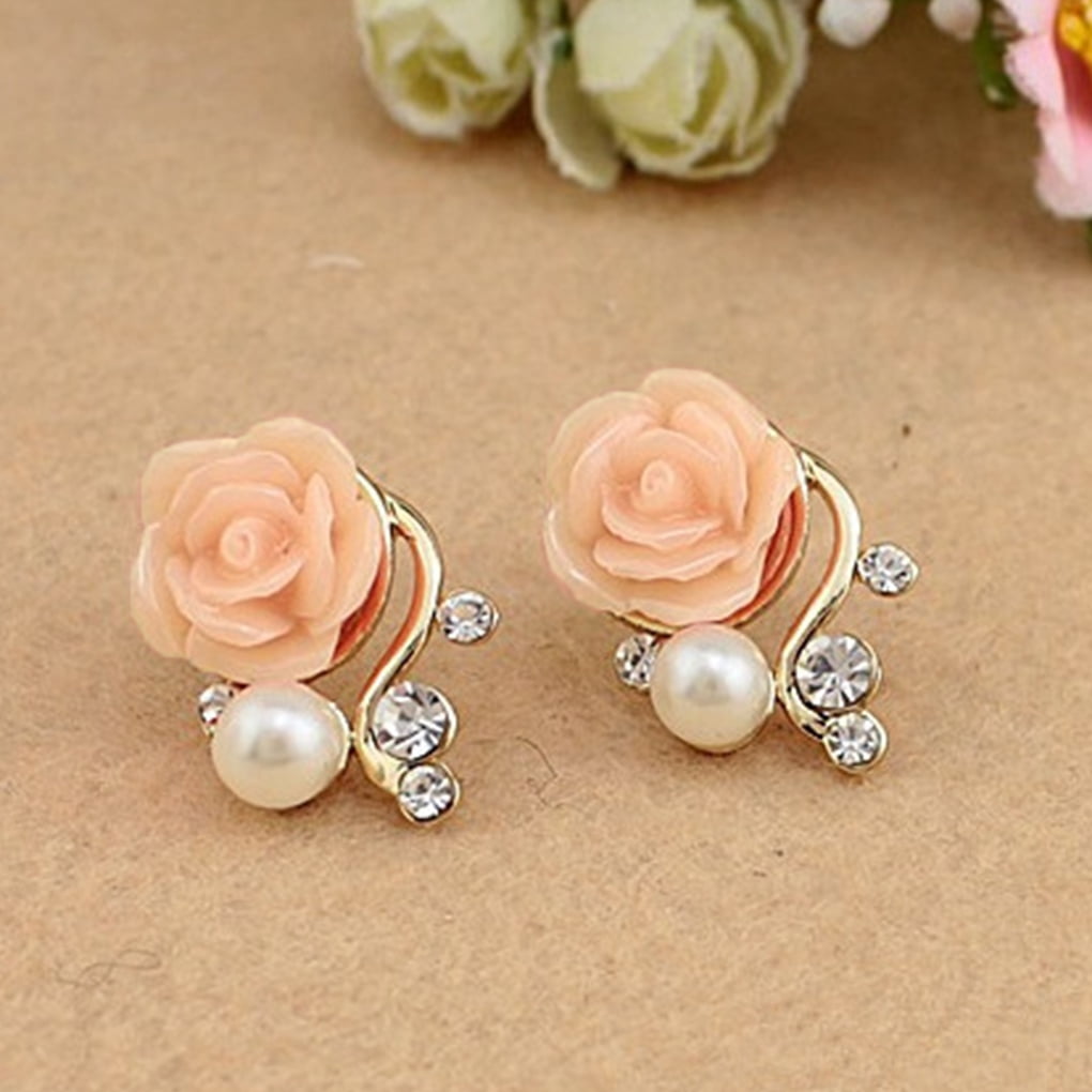 1 Pair Pearl Rose Flower Crystal Earrings Women Ol Stud Earrings Girls