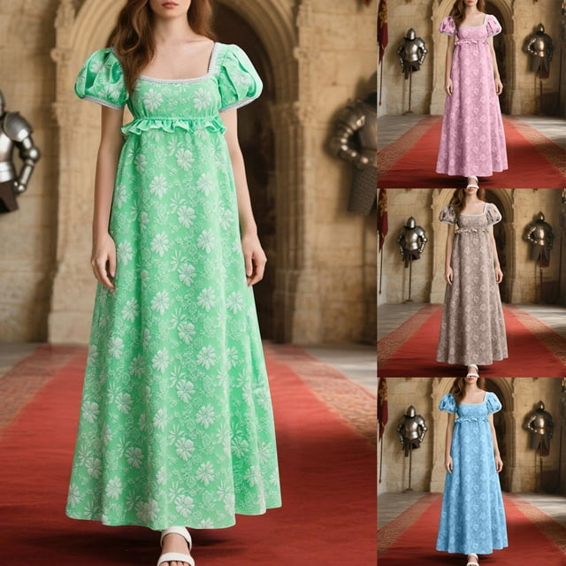 Meichang Renaissance Robe Femme Robe Victorienne Vintage Médiévale Manches Courtes Bouffantes Encolure Carrée Robes Maxi Robe de Cocktail Robe de Bal