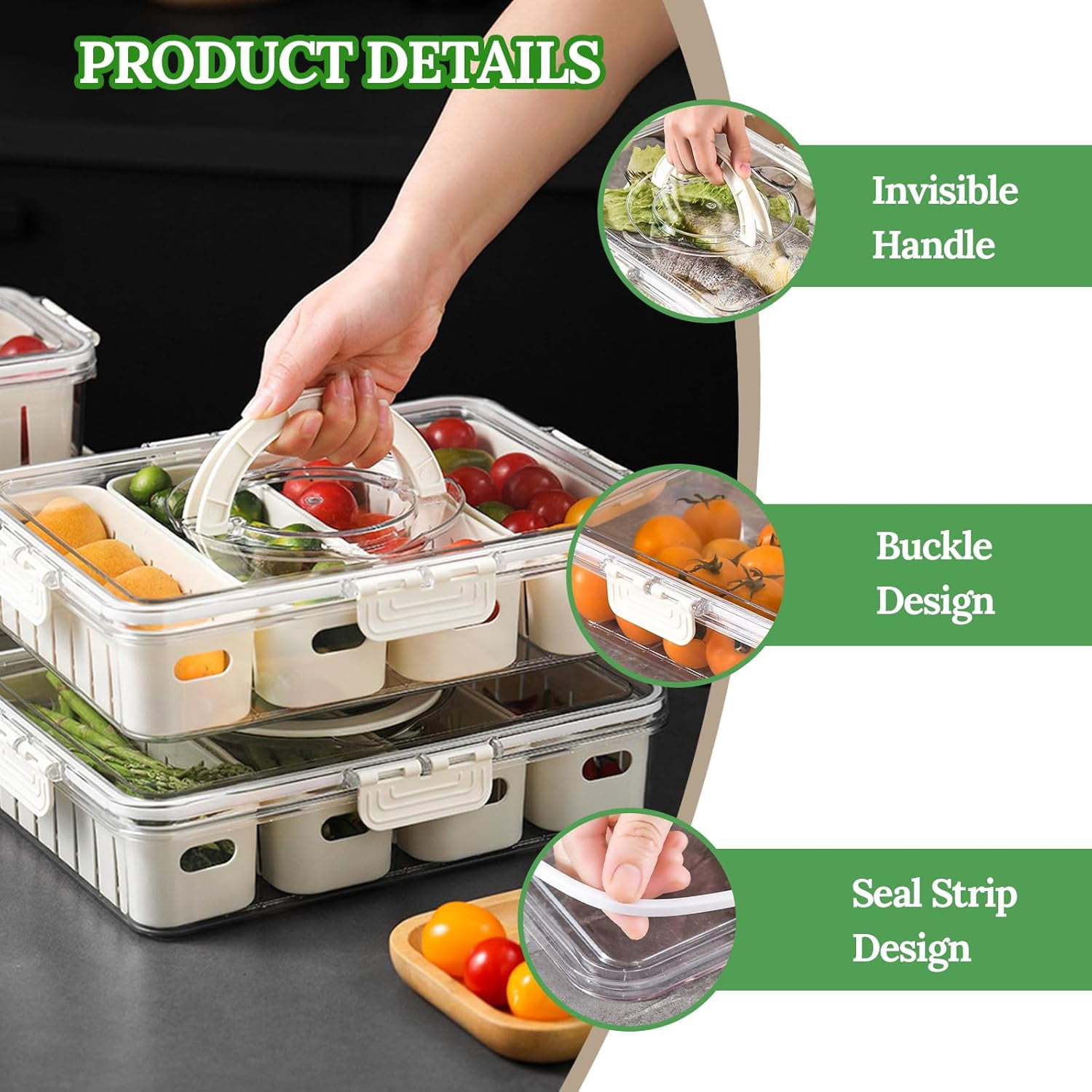MHSIOAP-Salad Bar Containers for Fridge with Lid and Handle, Fruit Storage Containers with 4 Removable Colanders, Berry Box Fresh Produce Saver for Fruit, Veggie, Refrigerator, Kitchen, Picnic