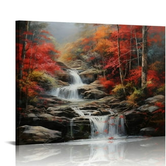 Fall Mountain Waterfall Wall Art Nature Forest Canvas Picture for