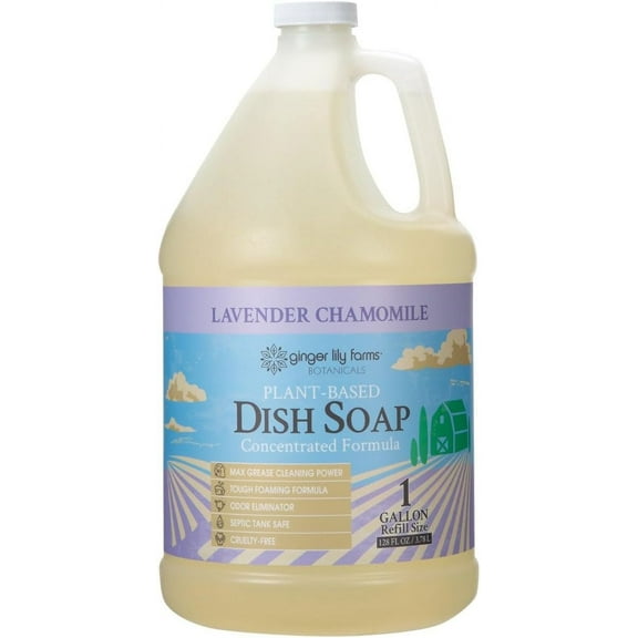 Ginger Lily Farms Botanicals Plant-Based Liquid Dish Soap, Concentrated Formula with Max Grease Cleaning Power, Cruelty-Free, Lavender Chamomile Scent, 1 Gallon Refill (128 Fl. Oz.)