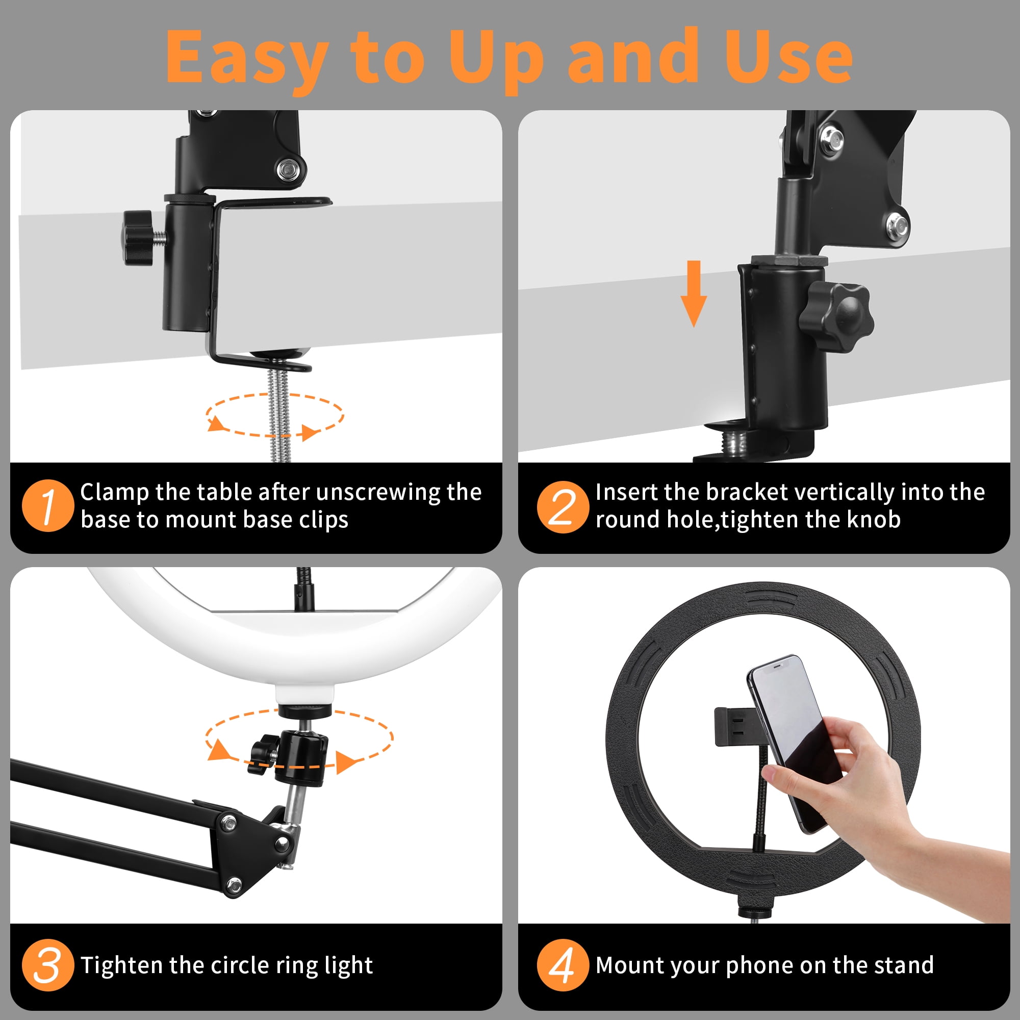 Overhead Camera Mount with Ring Light Phone Holder,10" LED Ring Light for Desk with Stand, Phone Tripod with Light for Video Recording TikTok Live Stream Cooking Kitchen Vlogging