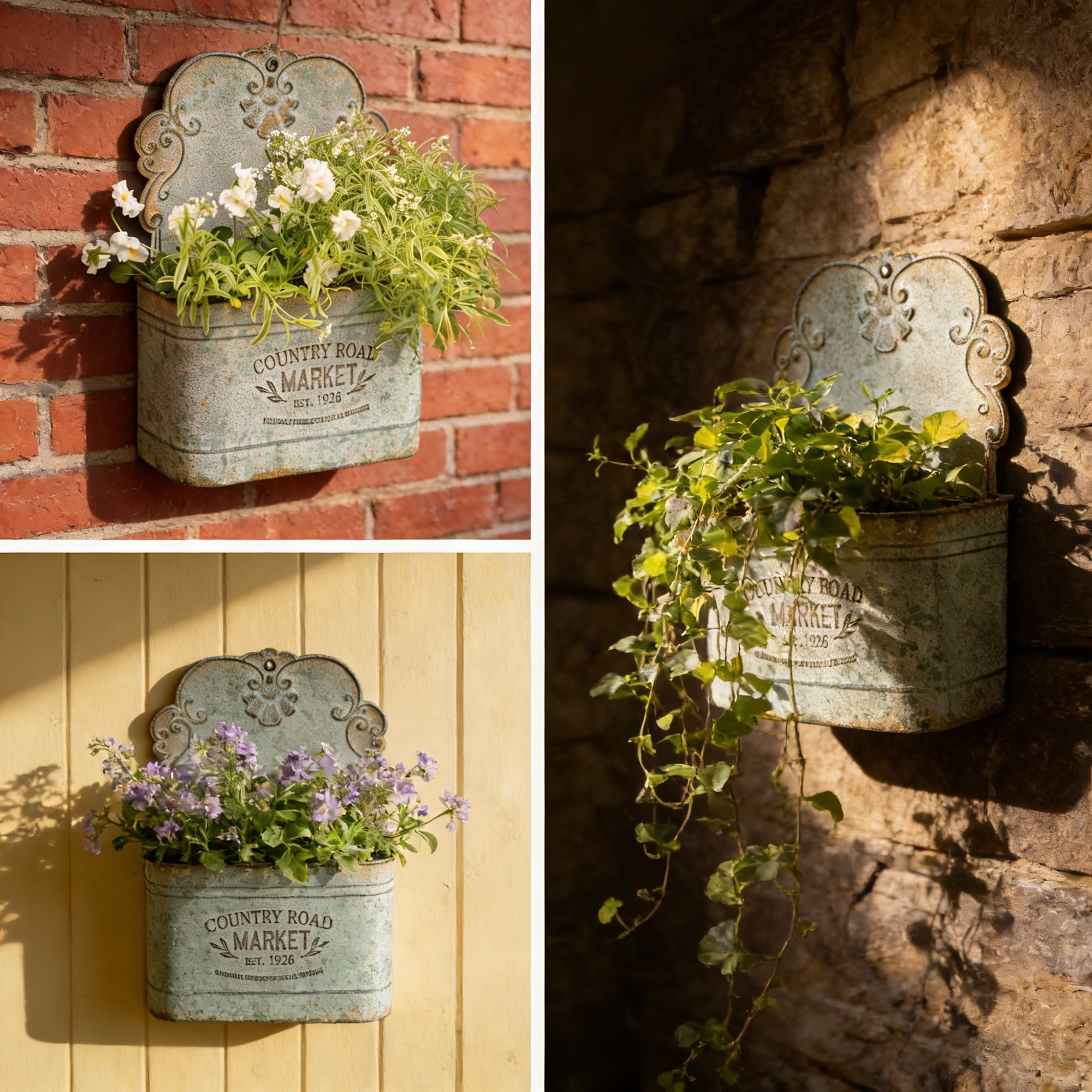 Galvanized Metal Wall Planter - Rustic Vintage Wall Mounted Planters for Indoor Outdoor Plants Farmhouse Hanging Plant Holder Decor (13.2" L x 9.5" H)
