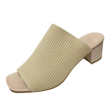 

Ladies Shoes Solid Color Mesh Fashion Casual Sandals Chunky Heel High Heel Sandals Mesh high heels for Women Beige