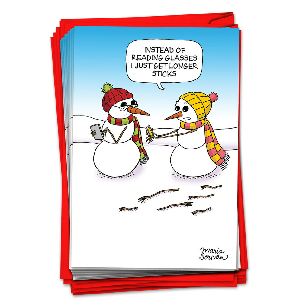 12 Funny Snowman Christmas Cards Bulk Boxed Set Snowmen Glasses Humor 1 Design 12 Cards
