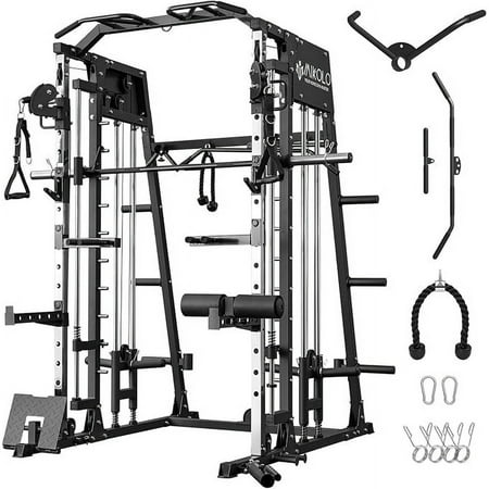 Mikolo Smith Machine Home Gym, 2200 lbs Power Rack Cage with Cable Crossover, Weight Bar, 360° Landmine, Barbell Holders and Other Attachments, Total Body Strength Training Cage