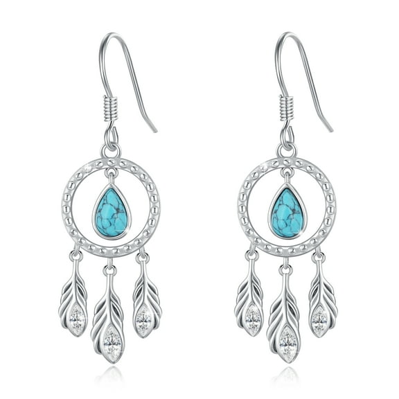 AOVEAO Turquoise Drop Dangle Earrings 925 Sterling Silver Fish hook Feather Earrings for Women Daughter Mom Wife Charms Jewelry Birthday Xmas Gift for sensitive Ears