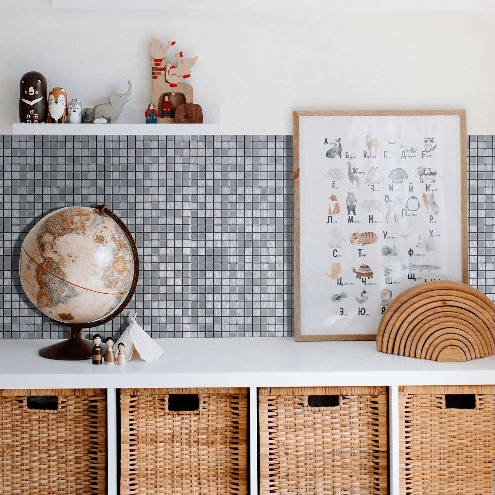 12-Sheet Peel and Stick Backsplash Tiles, Silver Aluminum Mosaic 3D Self-Adhesive Wall Tiles Stick on Backsplash for Kitchen Bathroom Fireplace