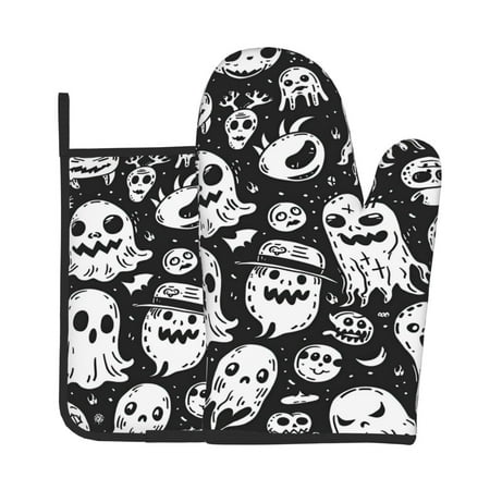 

Xecao Black White Spooky Ghosts Pattern Oven Mitts and Pot Holders Sets Heat Resistant Silicone Oven Mittens Extra Thicken Long Kitchen Cotton Oven Glove for Cooking