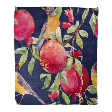 SIDONKU Throw Blanket Warm Cozy Print Flannel Watercolor Pattern of Pomegranate Tree Branches Fruits Flowers and Leaves Dark Comfortable Soft for Bed Sofa and Couch 50x60 Inches
