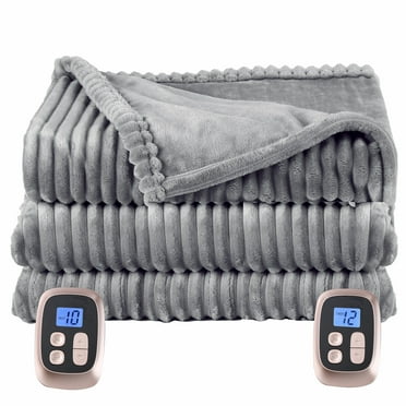 SUNNY HEAT Heated Electric Blanket Ribbed Flannel 84"x90" Queen Size - 10 Heating Settings & 2/4/6/8/10/12 Hours Auto off, Quick Heating Washable - Grey