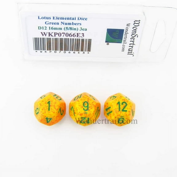 Lotus Elemental Dice with Green Numbers D12 16mm (5/8in) Pack of 3 Wondertrail