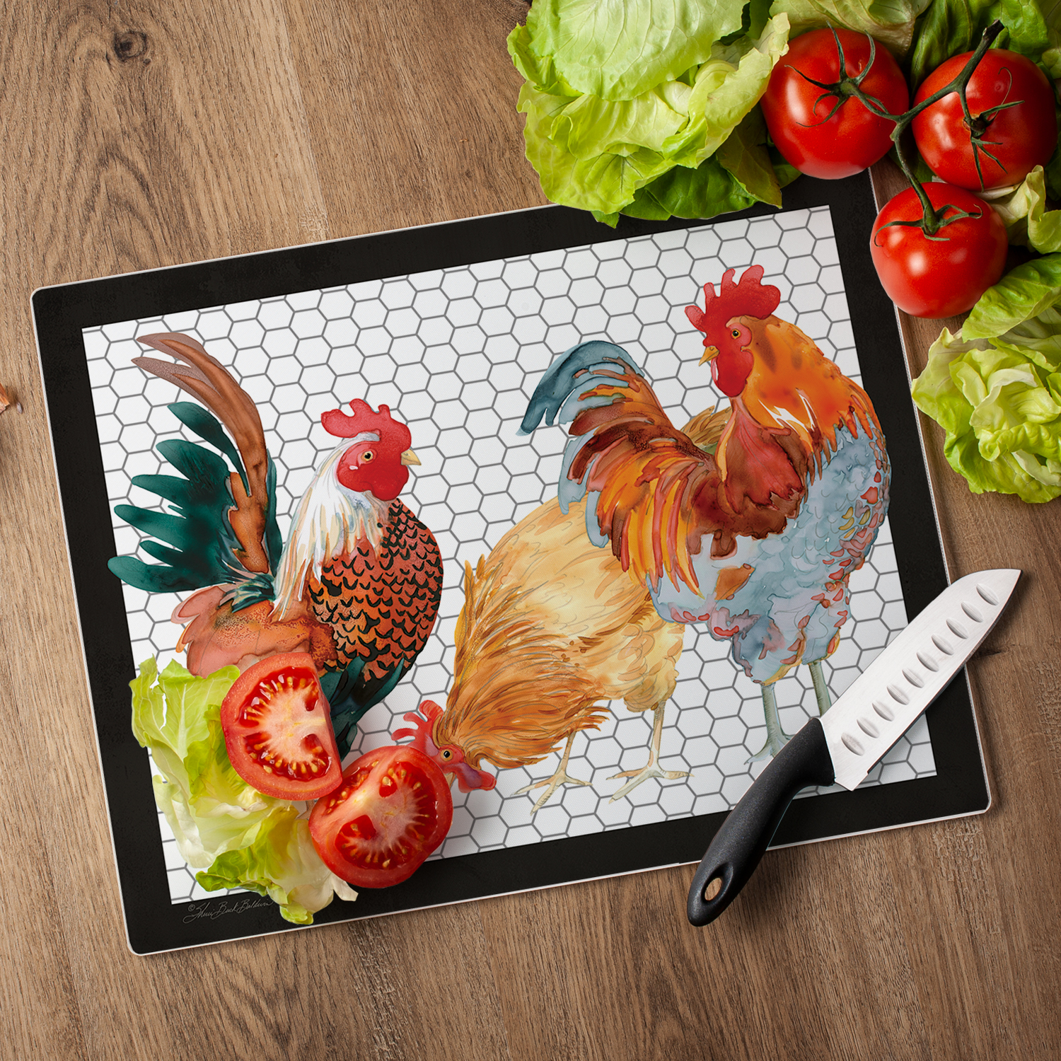 CounterArt Whimsical Roosters 3mm Tempered Glass Cutting Board 15" by 12"