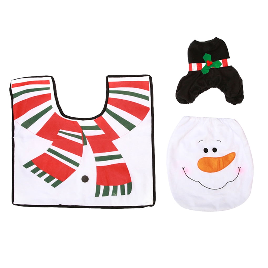Christmas Toilet Seat Cover And Rug Set - 3-Piece Bathroom Decor With Toilet Mat & Lid Cover For Holiday Home Decorating