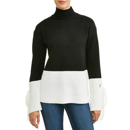 Women's Turtleneck Colorblock Tie Sleeve Sweater