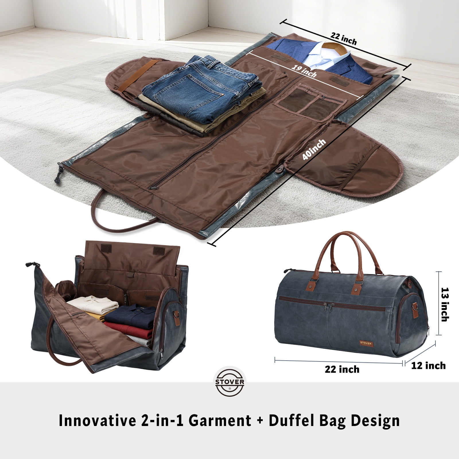 STOVER Garment Travel Duffle Bag, Large 2-in-1 Convertible Carry-on Luggage (Blue Leatherette)