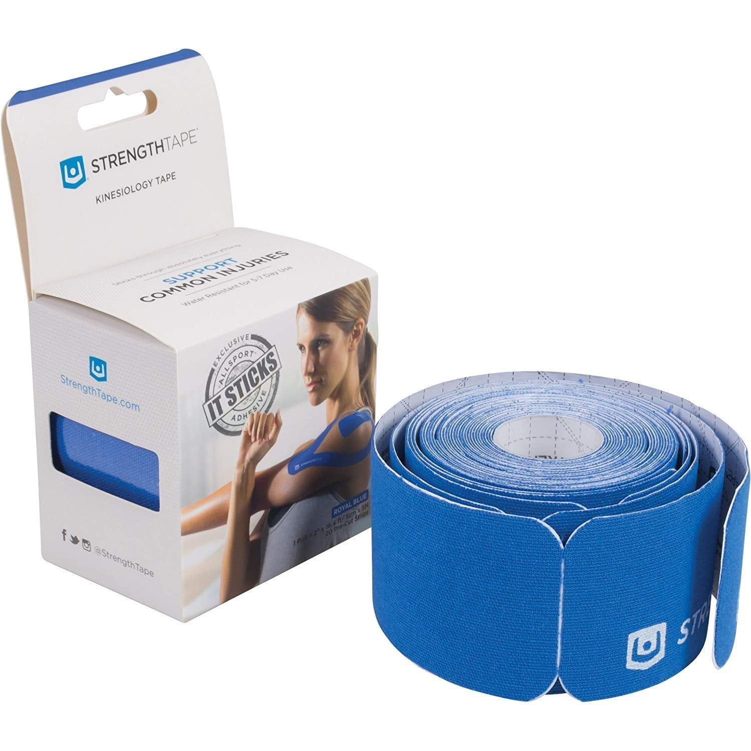 StrengthTape Kinesiology Tape Roll, 5M 20 PreCut Strips, Royal Blue