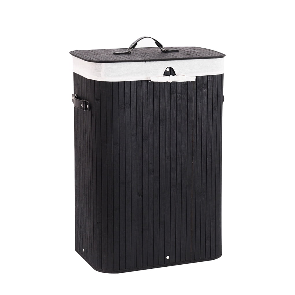 Large Rect Bamboo Hamper Laundry Basket Washing Cloth Storage Bin Bag Lid Black 
