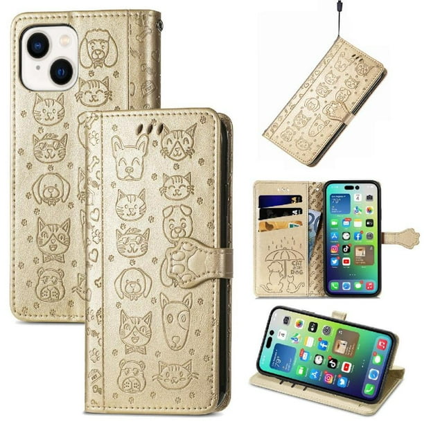 Funda Cartera FOXDOCK para iPhone 14 , Flip PU con Relieve de Gatos y Perros, Tarjetero y Soporte