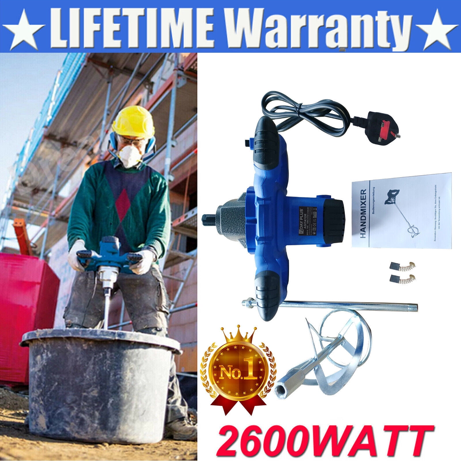 Portable Concrete Mixer 1500W Electric Handheld Concrete Cement Mortar Mixer, Adjustable 6 Speed Thinset Mortar Grout Plaster Paint Mud Feeder Mixer Machine Stirring Tools