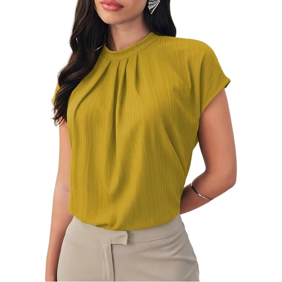 longantii Summer Tops for Women Fashion Chiffon Short Cap Sleeve T-Shirts Slim Fit Crew Neck Spring Tops Office Pleated Tunic Pullover Yellow L