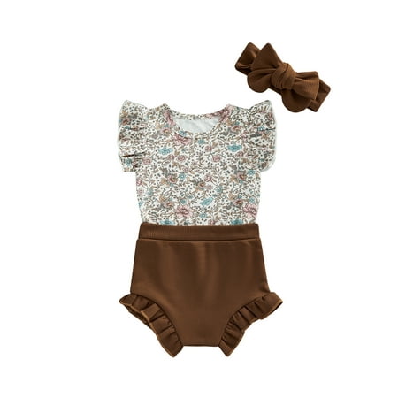 

Suanret Infant Baby Girls 3Pcs Clothes Sets Flower Print Fly Sleeves Romper + Ribbed Shorts + Headdress Outfits Coffee 12-18 Months