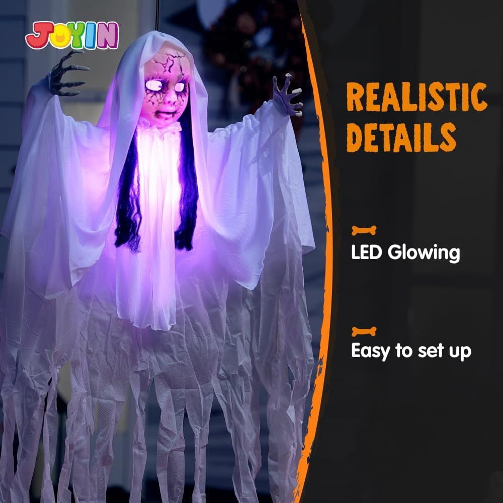 43 Inch Hanging Girl Ghost Halloween Decoration, Creepy Hollow Head Prop with Flashing Purple Lights on Head & Body, Battery Operated Latex Fabric Ghost Decor for Yard Haunted House Party