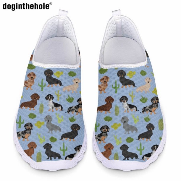 Zapatos planos casuales con estampado de perro salchicha de dibujos animados de Doginthehole para mujer, zapatos de malla ligeros y transpirables de verano, zapatos de enfermería para hospital