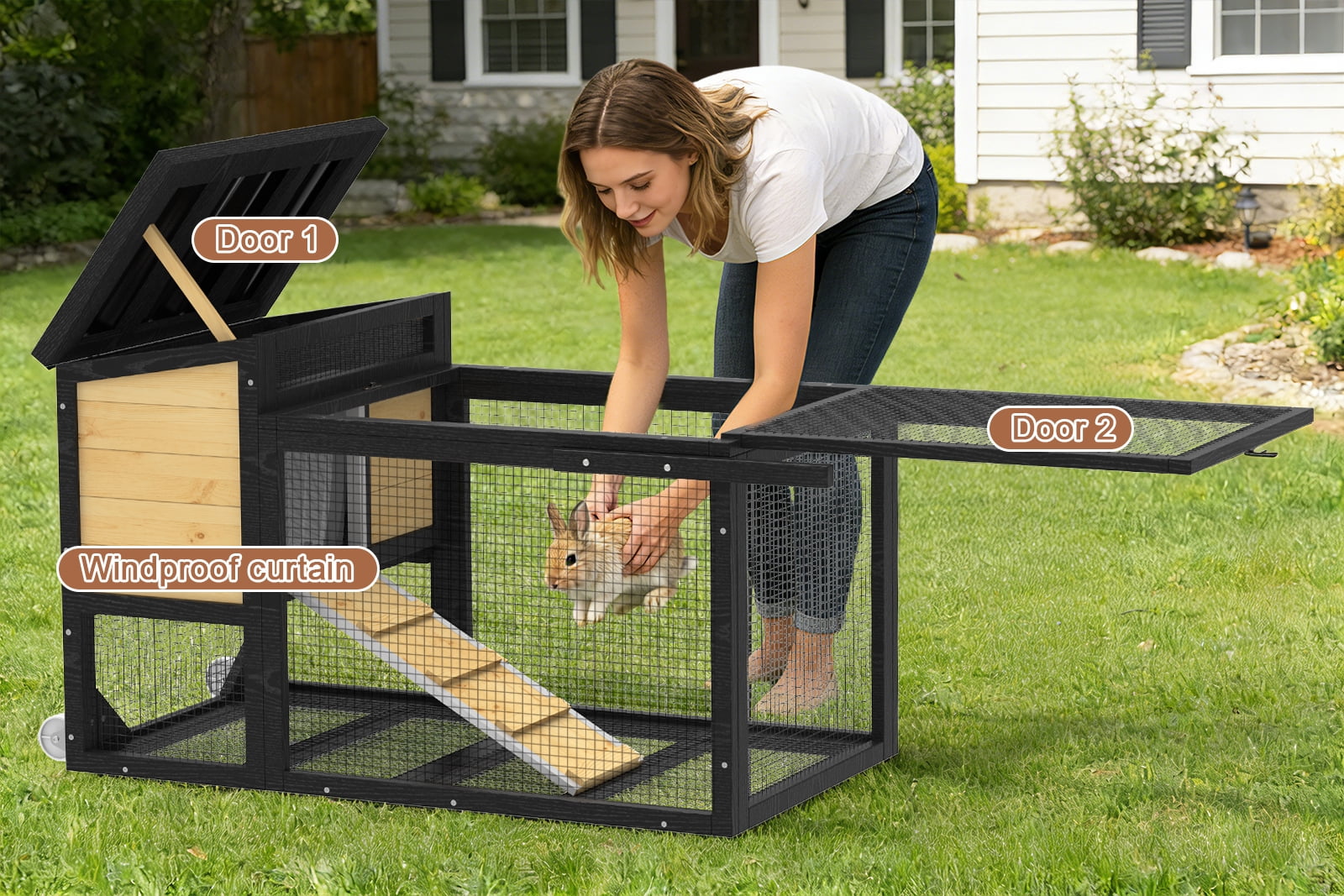 TIMHAKA 2-Story Rabbit Hutch, Wooden Bunny Cage w/ Chew-Proof Ramp & Wheels & Pull-Out Tray for Rabbits & Small Animals, Black & Yellow