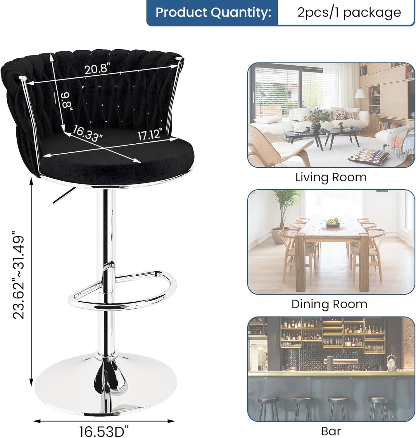 LinkRomat Velvet Bar Stools Set of 2,Swivel Counter Height Bar Stools with Backrest and Footrest,for Kitchen Island Dining Chairs,Black