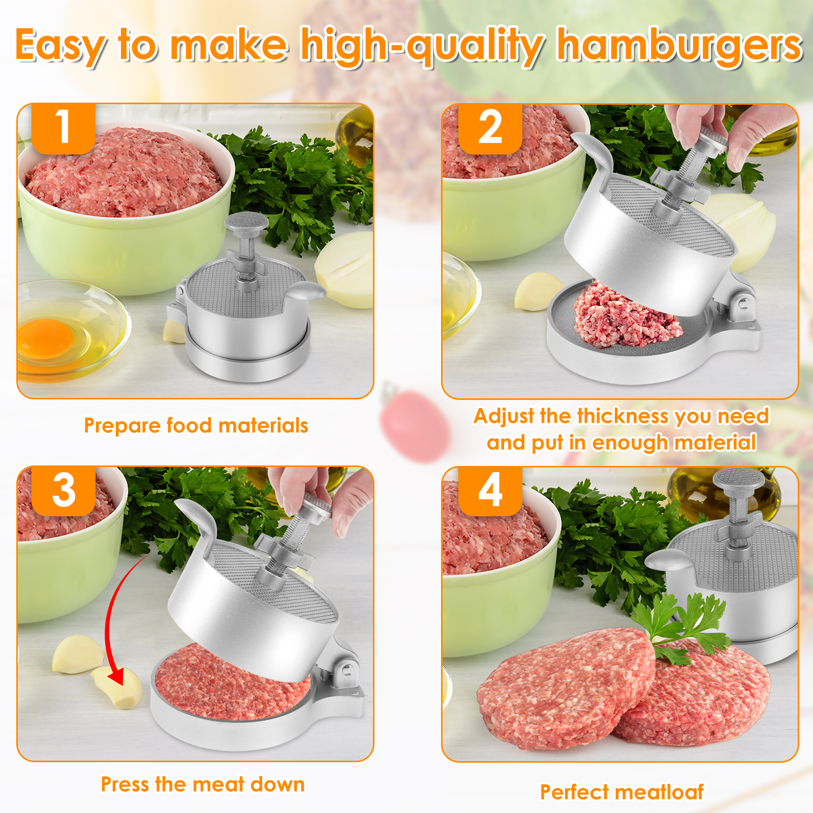 Evjurcn Burger Press with 100 Patty Paper Adjustable Thickness Hamburger Press Patty Maker Non-Stick Hamburger Patty Maker Mold Aluminum Alloy Burger Press Patty Maker for Grilling and Cooking