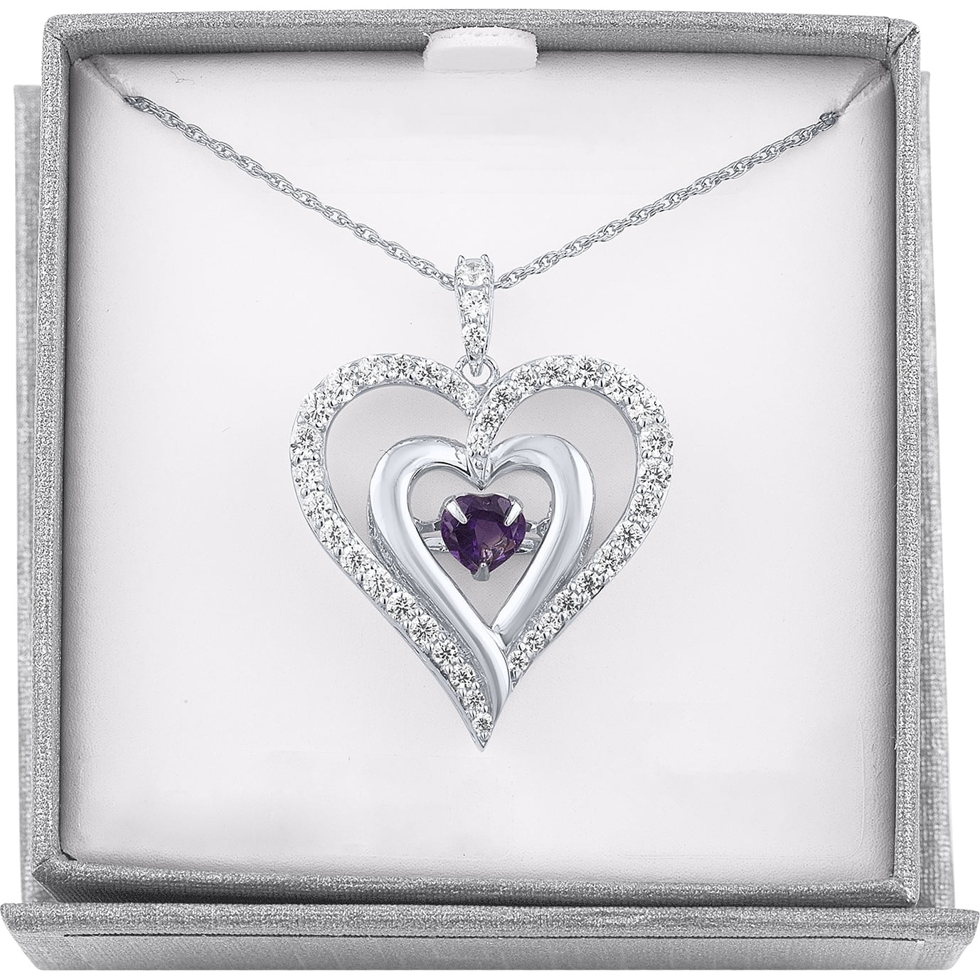 Ladies Brilliance Fine Jewelry Sterling Silver Amethyst Dancing Heart Pendant, 18"
