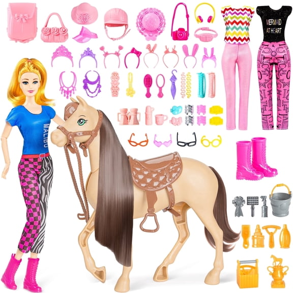 60Pcs Doll & Horse Riding Toy Set, 11.5 Inch Fashion Doll, Poseable Horse & Accessories, Ideal Gift for Girls 3 