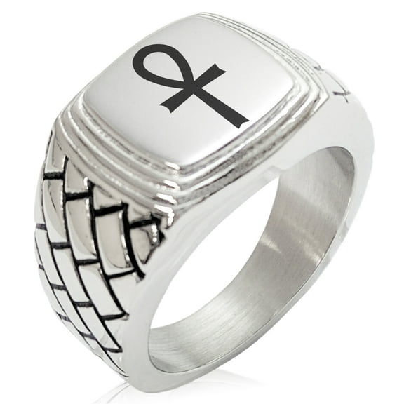 Stainless Steel Egyptian Ankh Cross Geometric Pattern Step-Down Biker Style Polished Ring