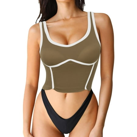 QYZEU Tops for Women Trendy Color Block Vest Tops Square Neck Slim Fit Sports Bra Padded Basic Workout Crop Tank Top Soft Breathable Lightweight Tops Khaki One Size