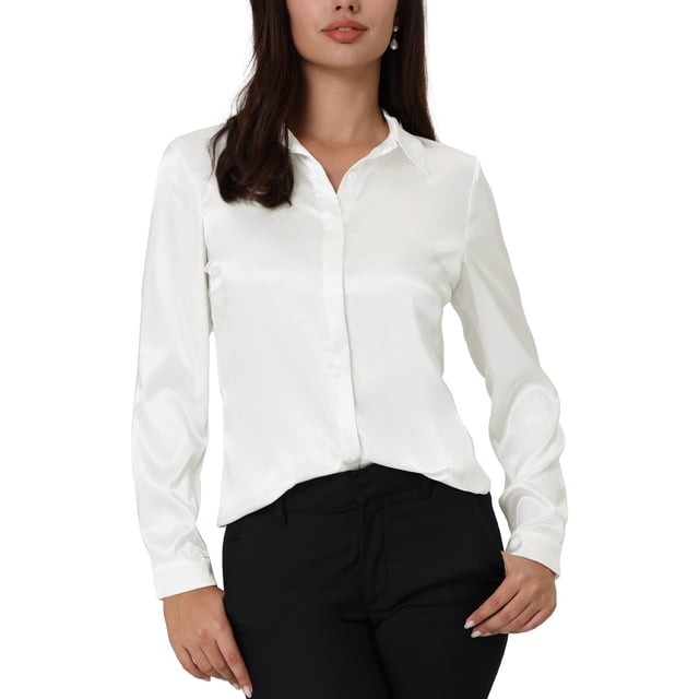 Blusa de satén para mujer Inspire Chic, de manga larga, camisa de trabajo de oficina con botones, talla XL, blanca