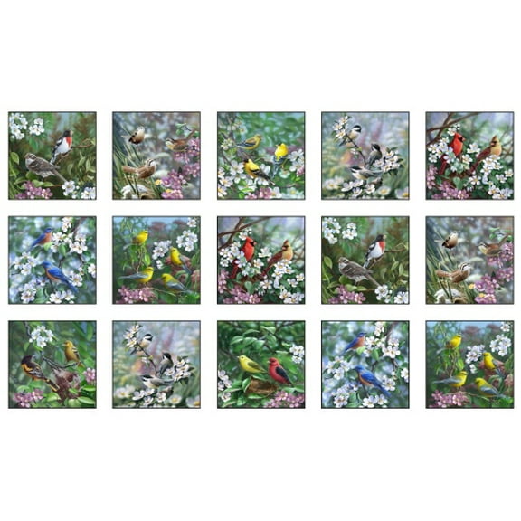 24" X 44" Panel Birds Bird-Watching Flowers Nature Springtime Tweethearts White Cotton Fabric Panel (40000WHITE)