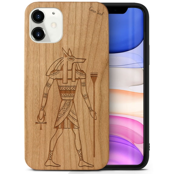 Case Yard Wooden Case Outside Soft TPU Silicone, Slim Fit Shockproof Wood Protective Phone Cover for Girls Boys Men and Women, Supports Wireless Charging Anubis Design case for iPhone-12-Mini