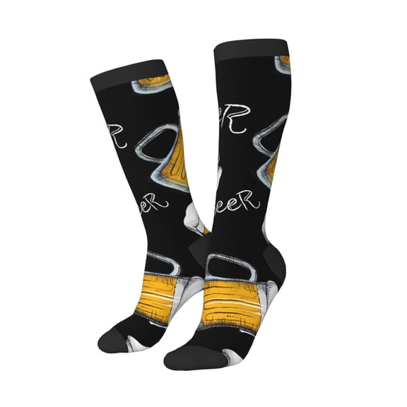 Knee High Socks for Women Men Athletic - Cute Cartoon Beer Mug Thigh-High Black Sole Comfort Breathable Long Socks for Casual Travel Running