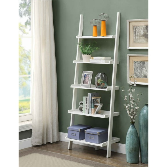 HomeStock Bohemian Bliss Bookshelf Ladder, 5 Tiers, 72"H x 24"L x 14"W, Glossy White Finish, Solid Pine & Birch Veneer for Any Room Storage