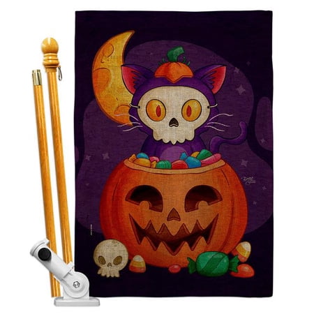 Breeze Decor HS120261-DB Sneaky Cat Falltime Halloween 28 x 40 in. Double-Sided Decorative Vertical House Flag Set for Decoration Banner Garden Yard Gift