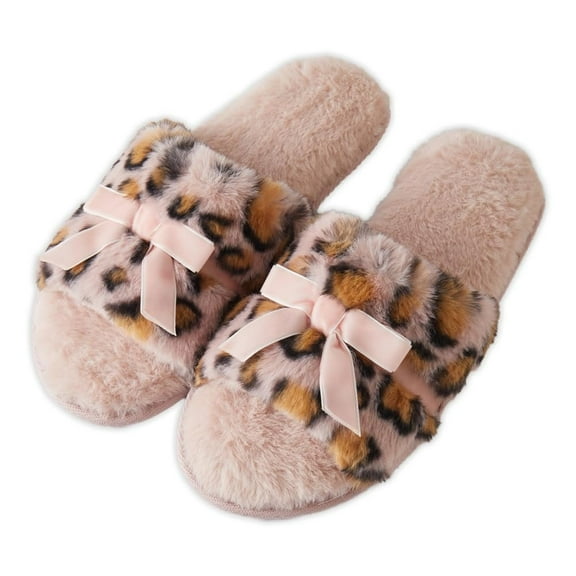 Roxoni Womens Fuzzy Leopard Print Slippers with Bow  Cozy Plush Indoor House Slides, Soft Memory Foam, Non-Slip Sole