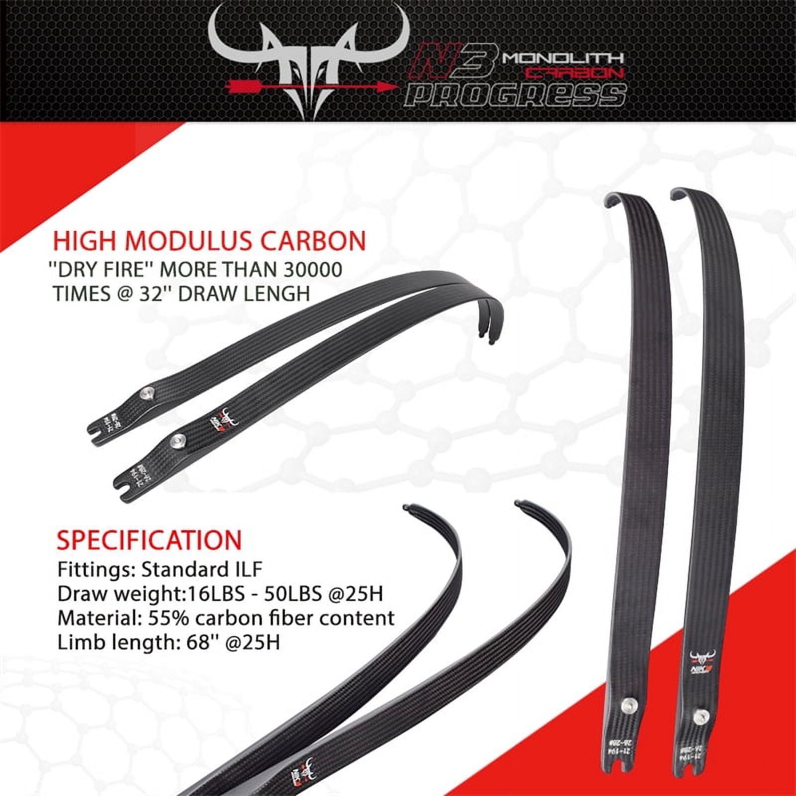 1Set NIKA ARCHERY N3 Recurve Bow ILF Limbs Progress Series 22-46 Lbs(Small standard 4C ox head)N3 Carbon Fiber Limb