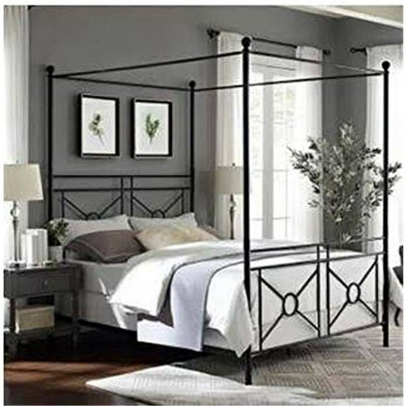 Queen Canopy Bed Frame - Elegant Metal Bed with Headboard & Footboard - Black Bed Frame for Bedroom Decor