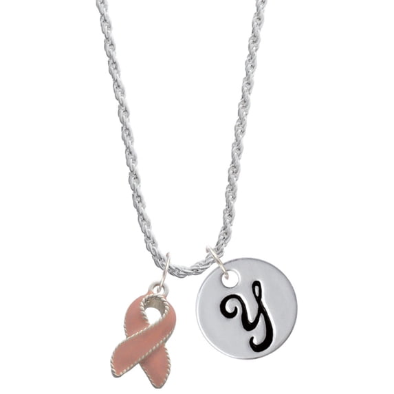Delight Jewelry Silvertone Pink Ribbon with Stitching Silvertone Script Initial Disc - Y - Charm Necklace, 20"+3"