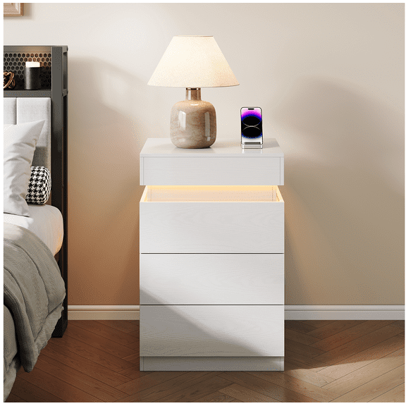 Nightstand with Built-In Charging Station and LED Lighting, 3-Drawer Sliding-Top Modern Bedside Table, WhiteWooden End Table