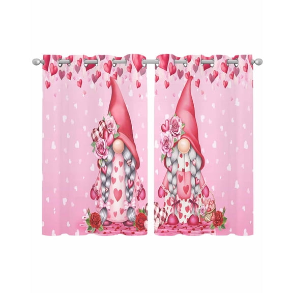 Valentine's Day Sheer Curtains 39 Inch Length 2 Panels Set for Living Room/Bedroom, Ombre Pink Gnomes Love Roses Romantic Kitchen Curtains Grommet Semi-Sheer Curtains Window Treatments 27.5"x39"x2